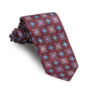 Corbata Burdeos Dibujos Geométricos Celestes y Blancos