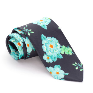 Corbata Marino Flores Verde Turquesa