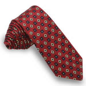 Corbata Rojo Cereza Dibujos Azul Marino y Beige